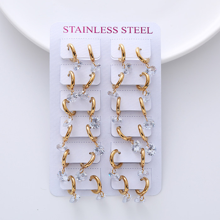12 Pairs Fashion Geometric Stainless Steel  Plating Zircon Dangling Earrings