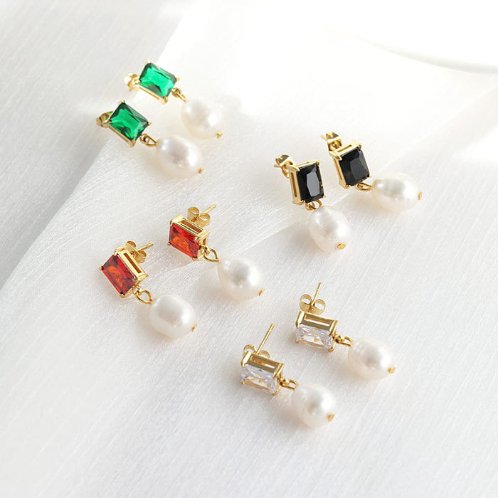 1 Pair Simple Style Square Plating Inlay Stainless Steel  Pearl Zircon 14K Gold Plated Drop Earrings