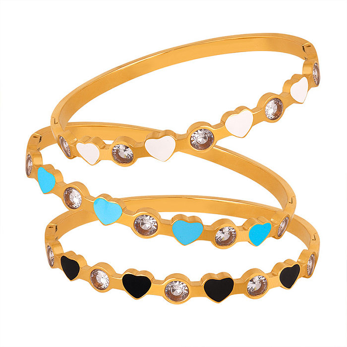 Simple Style Heart Shape Titanium Steel Enamel Plating Inlay Zircon Bangle