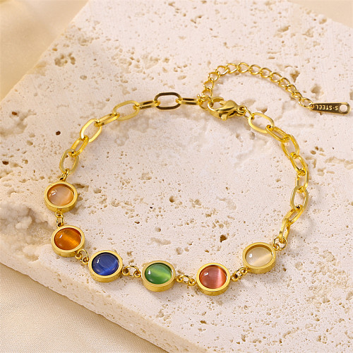 Sweet Simple Style Round Stainless Steel Inlay Artificial Gemstones Bracelets