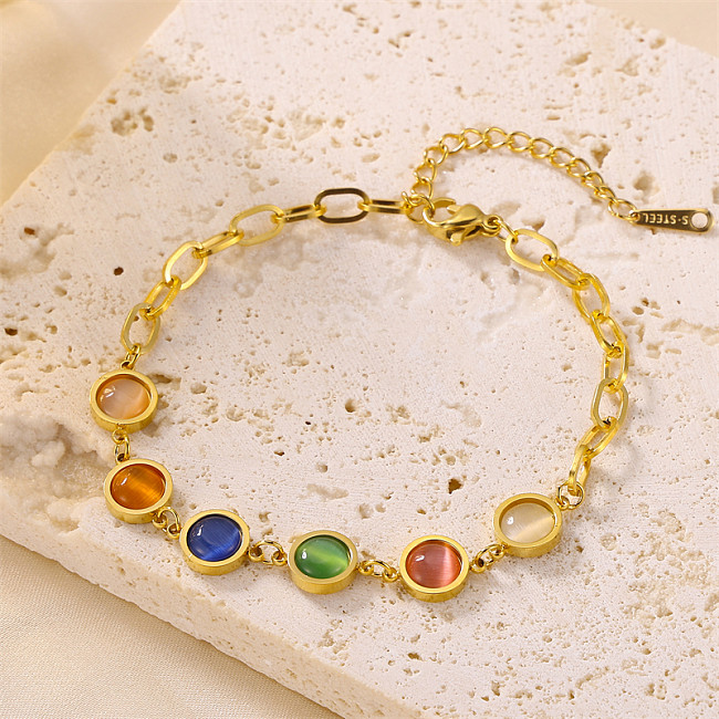 Sweet Simple Style Round Stainless Steel Inlay Artificial Gemstones Bracelets