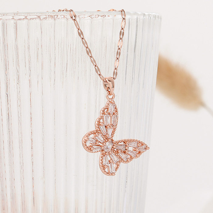Fashion Butterfly Stainless Steel Plating Zircon Pendant Necklace