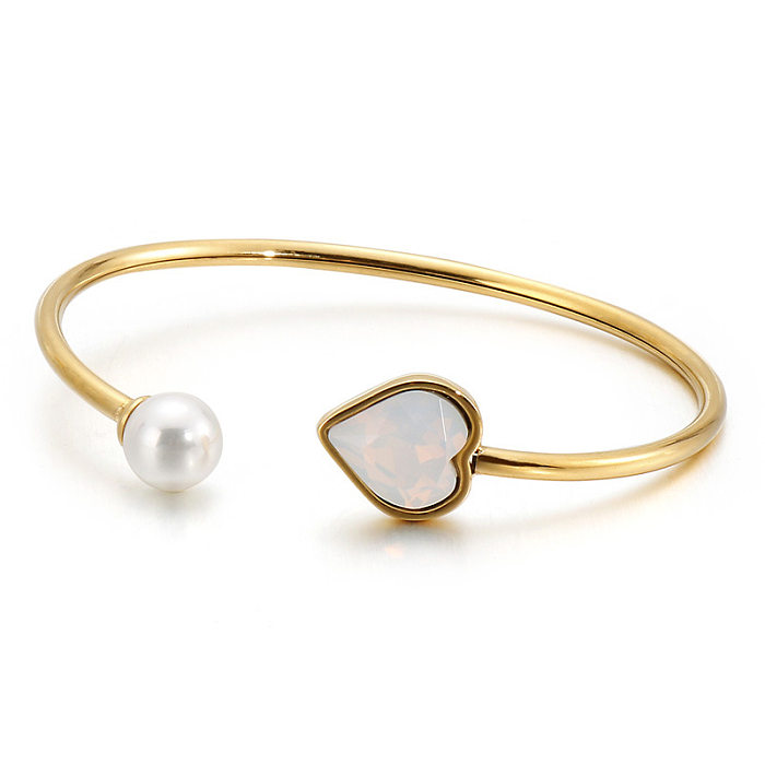Korean Jewelry Golden Pearl Heart Glass Stone Opening Titanium Steel Bracelet Wholesale