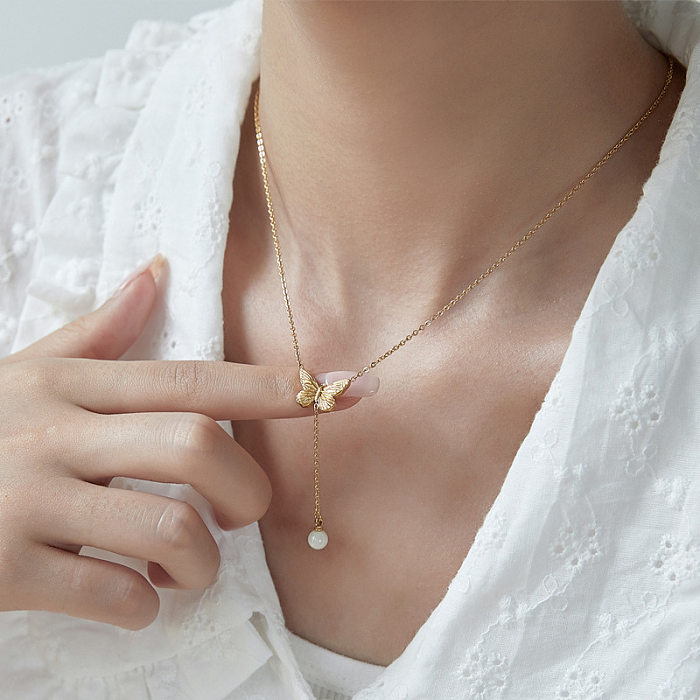 Collier de Perles à Pompon en Acier Inoxydable Papillon à la Mode 1 Pièce