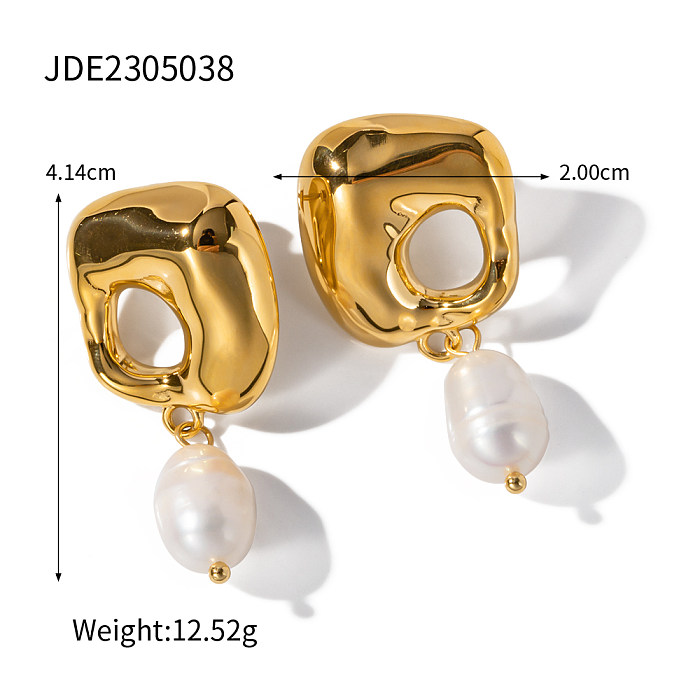 1 par de pendientes colgantes chapados en oro de 18 quilates con perlas de agua dulce de acero inoxidable chapado Irregular elegante