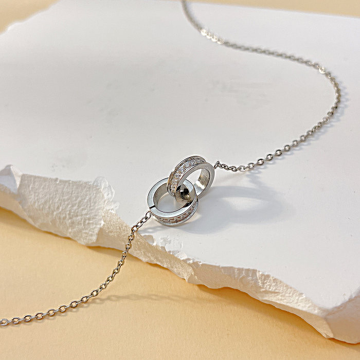 Collier avec pendentif en acier inoxydable et Zircon, Style français, Streetwear, Double anneau, en vrac