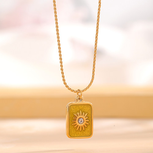 Casual Retro Square Moon Flower Stainless Steel Enamel Plating Inlay Resin Rhinestones Gold Plated Pendant Necklace