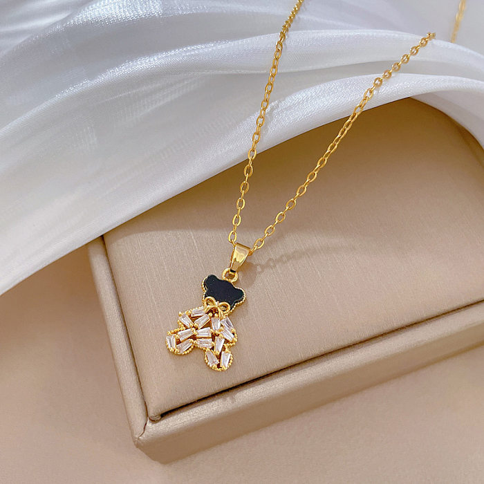 Simple Style Little Bear Stainless Steel  Inlay Artificial Gemstones Gold Plated Pendant Necklace