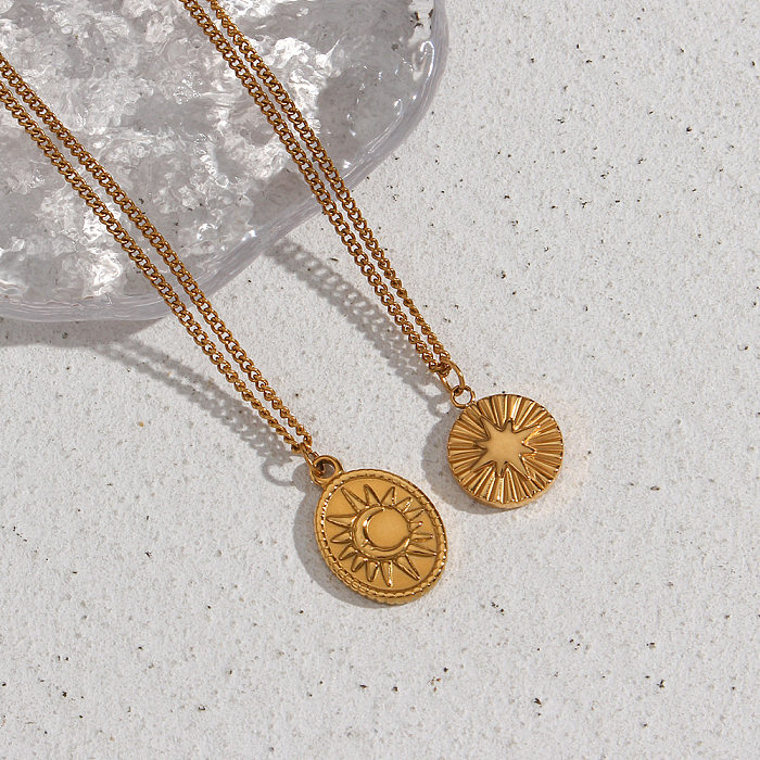 Collier pendentif ovale en forme d'étoile en acier inoxydable, Style Vintage, pendentif en Relief de lune et de soleil, bijoux