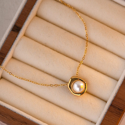 Retro Geometric Stainless Steel  Inlay Artificial Pearls Pendant Necklace