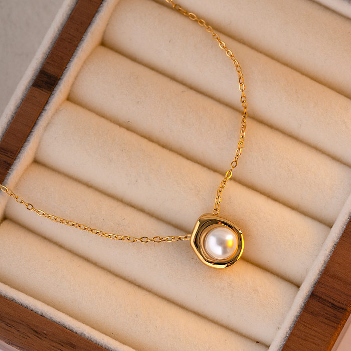 Collier pendentif en perles artificielles avec incrustation géométrique rétro en acier inoxydable