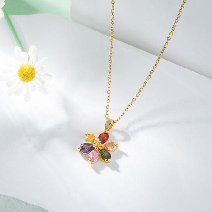Elegant Artistic Heart Shape Flower Bow Knot Stainless Steel  Stainless Steel Plating Inlay Zircon 18K Gold Plated Gold Plated Pendant Necklace