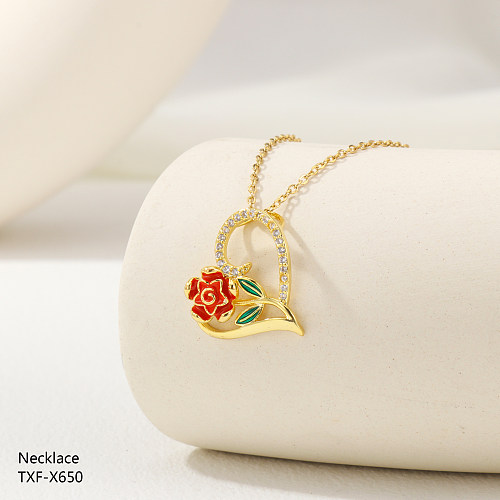 Collier pendentif romantique en forme de cœur, Rose, placage en acier inoxydable, incrustation de strass, perle en Zircon