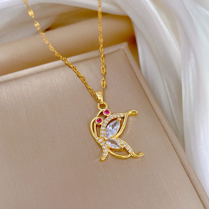 Elegant Butterfly Stainless Steel Copper Plating Inlay Zircon Pendant Necklace