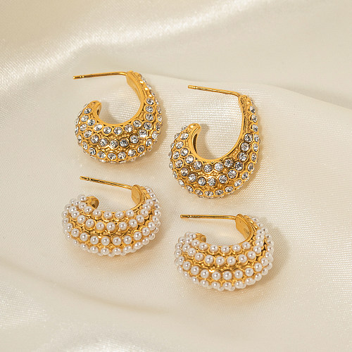 1 paire de clous d'oreilles plaqués or 18 carats, Style INS Streetwear en forme de C, incrustation de perles en Zircon plaqué or