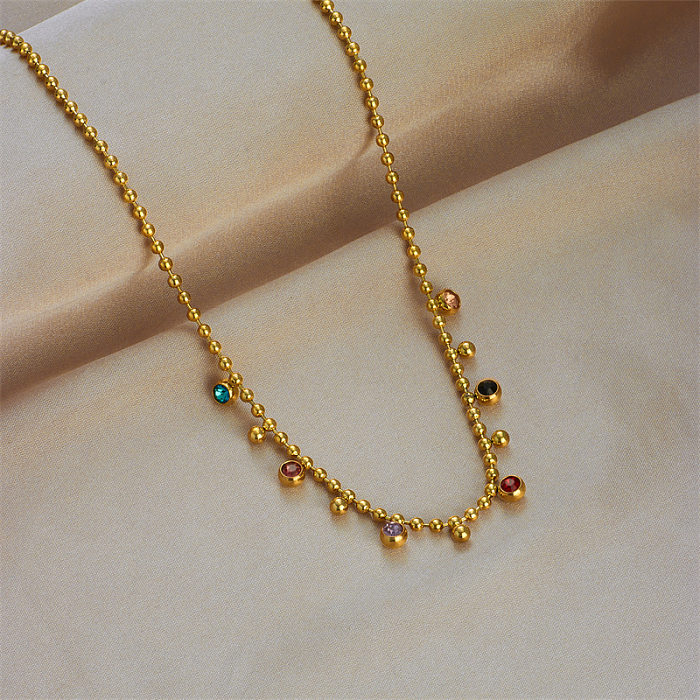 Lässige, schlichte Halskette mit runder Edelstahlbeschichtung und künstlichen Strasssteinen, 18 Karat vergoldet