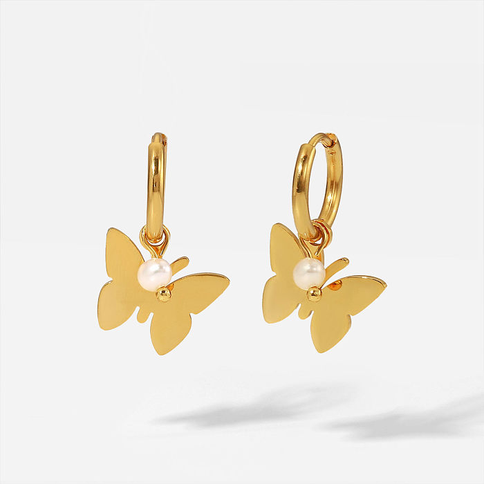 Novo estilo 18K banhado a ouro suave borboleta pingente de pérola brincos de aço inoxidável