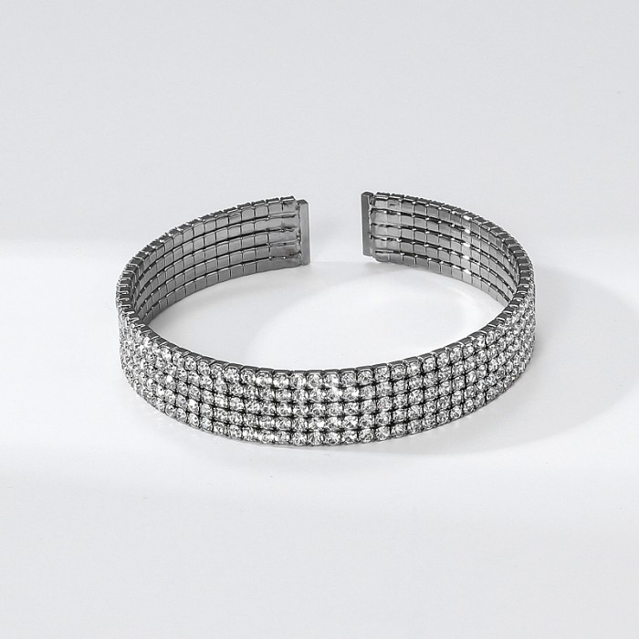 Streetwear Solid Color Titanium Steel Plating Inlay Rhinestones Silver Plated Cuff Bracelets