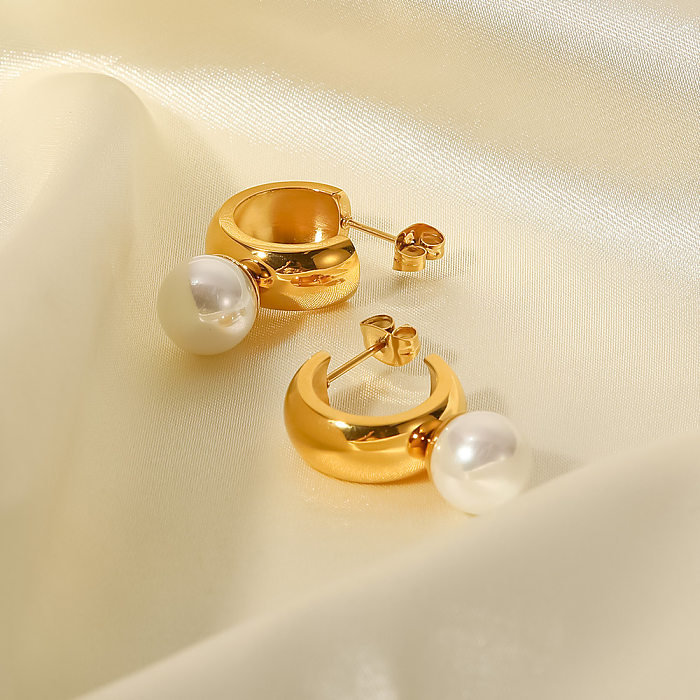 Fashion C Shape Stainless Steel  Ear Studs Gold Plated Inlay Pearl Stainless Steel  Earrings