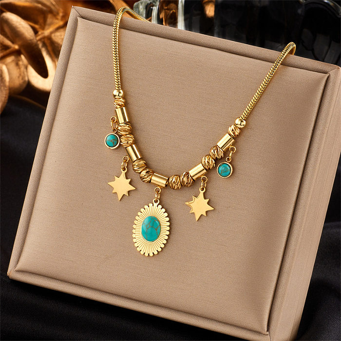 Fashion Butterfly Stainless Steel Pearl Plating Inlay Artificial Gemstones Turquoise Pendant Necklace 1 Piece