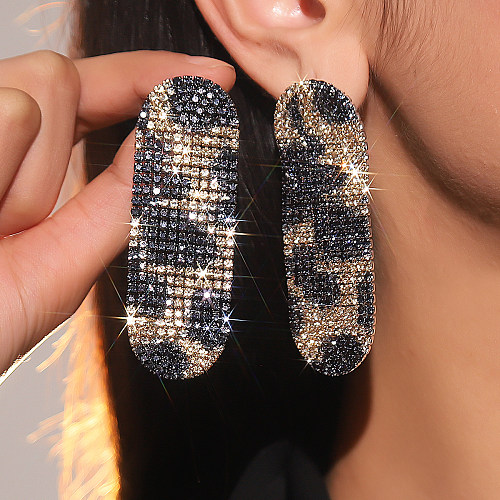 Boucles d'oreilles ovales de Style Vintage, 1 paire, incrustation de placage léopard, acier inoxydable, cuivre, strass plaqué argent