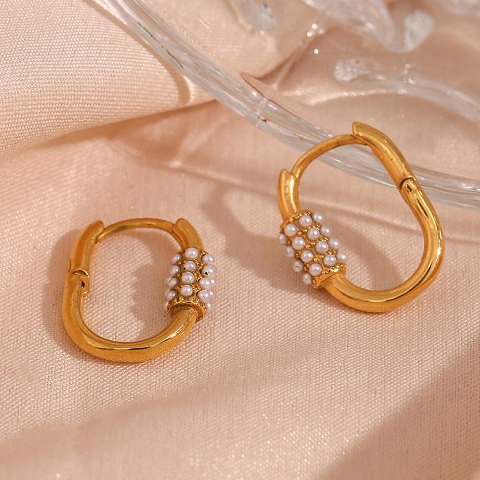 1 Pair Fashion U Shape Stainless Steel  Inlay Pearl Hoop Earrings