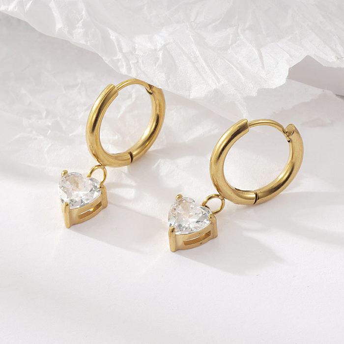 1 Pair Simple Style Heart Shape Stainless Steel  Inlay Zircon Drop Earrings