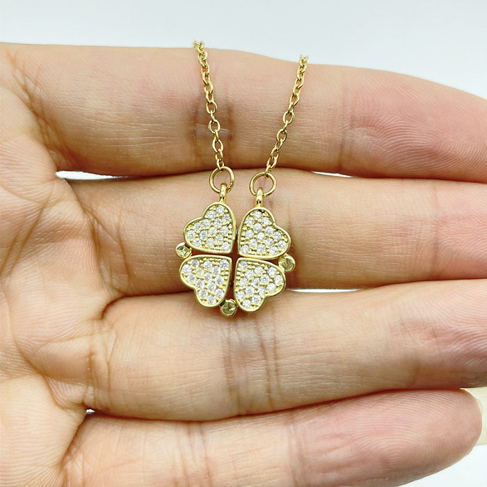 Fashion Four Leaf Clover Heart Shape Stainless Steel Rhinestones Pendant Necklace