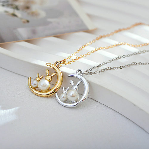 Simple Style Rabbit Moon Stainless Steel Inlay Artificial Pearls Pendant Necklace