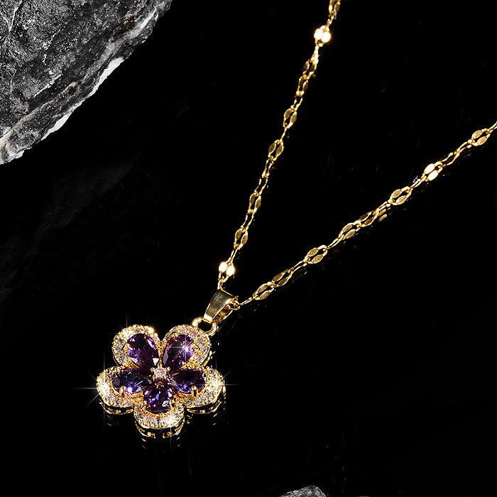 Süße glänzende Blumen-Halskette mit Zirkon-Anhänger aus Edelstahl, Kupfer, 14 Karat vergoldet, in großen Mengen