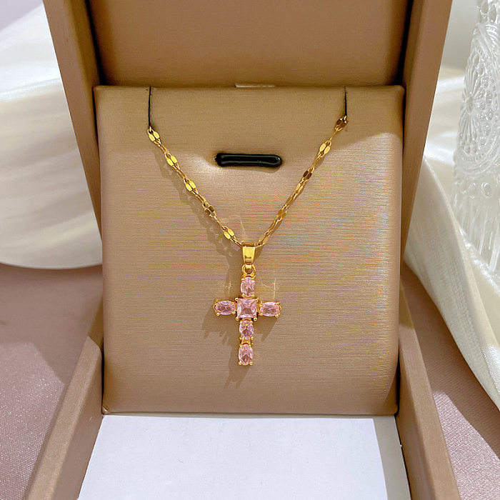Fashion Cross Stainless Steel Copper Plating Inlay Zircon Pendant Necklace