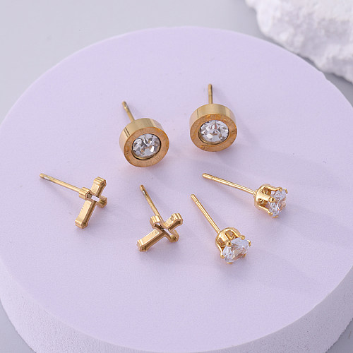 1 Set Punk Cross Inlay Stainless Steel  Zircon Ear Studs