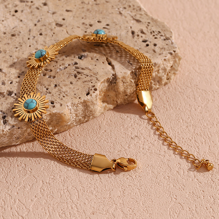 Pulseiras casuais banhadas a ouro 18K turquesa com revestimento de aço inoxidável flor estilo simples