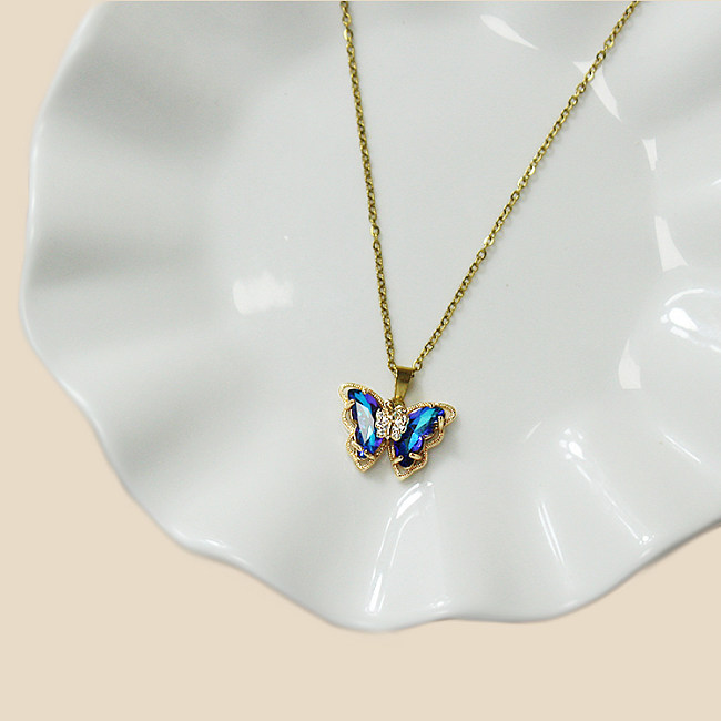 Lässige Schmetterlings-Anhänger-Halskette mit Edelstahl-Beschichtung und Inlay-Zirkon-Vergoldung
