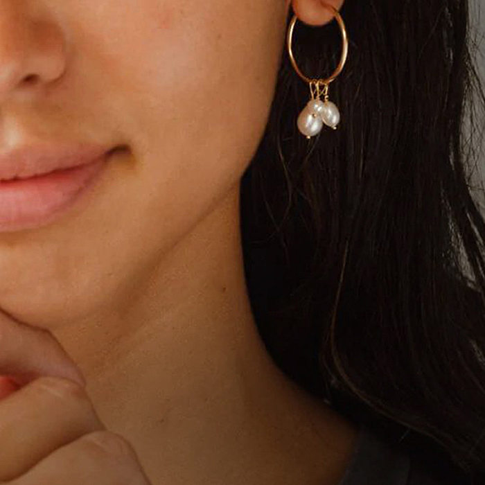 1 paire de boucles d'oreilles géométriques en acier inoxydable pour femmes, perles d'eau douce
