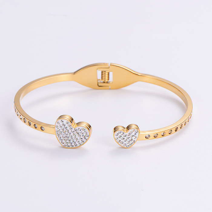 Simple Style Love Tree Heart Shape Stainless Steel Plating Hollow Out Artificial Rhinestones 18K Gold Plated Rose Gold Plated Bangle