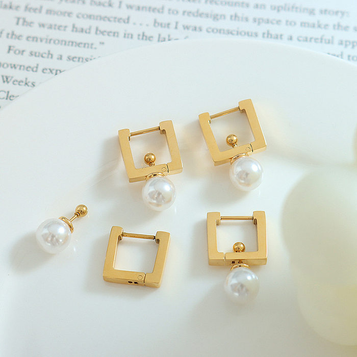 French Style Square Stainless Steel Drop Earrings Inlay Artificial Pearls Stainless Steel  Earrings