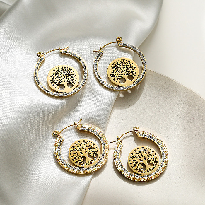 1 Pair Simple Style Classic Style Tree Plating Inlay Stainless Steel Zircon 18K Gold Plated Earrings