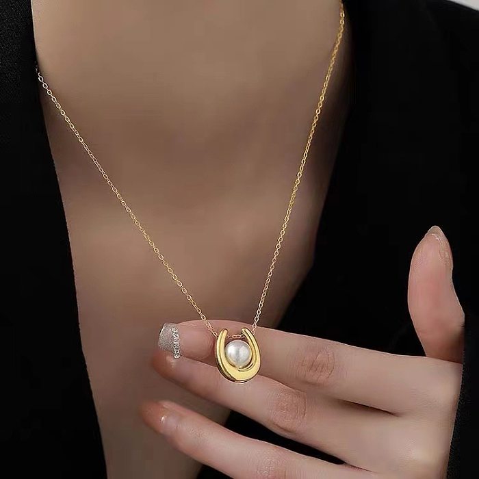 Elegant U Shape Stainless Steel Inlay Artificial Pearls Pendant Necklace