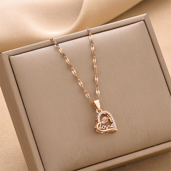 Simple Style Heart Shape Stainless Steel Plating Hollow Out Inlay Rhinestones Pendant Necklace 1 Piece