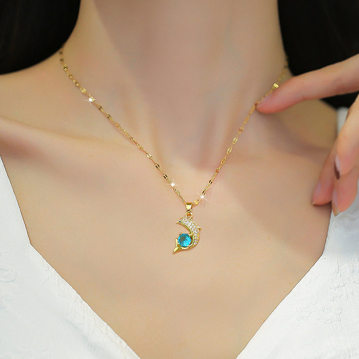 Fashion Dolphin Stainless Steel Copper Plating Inlay Zircon Pendant Necklace