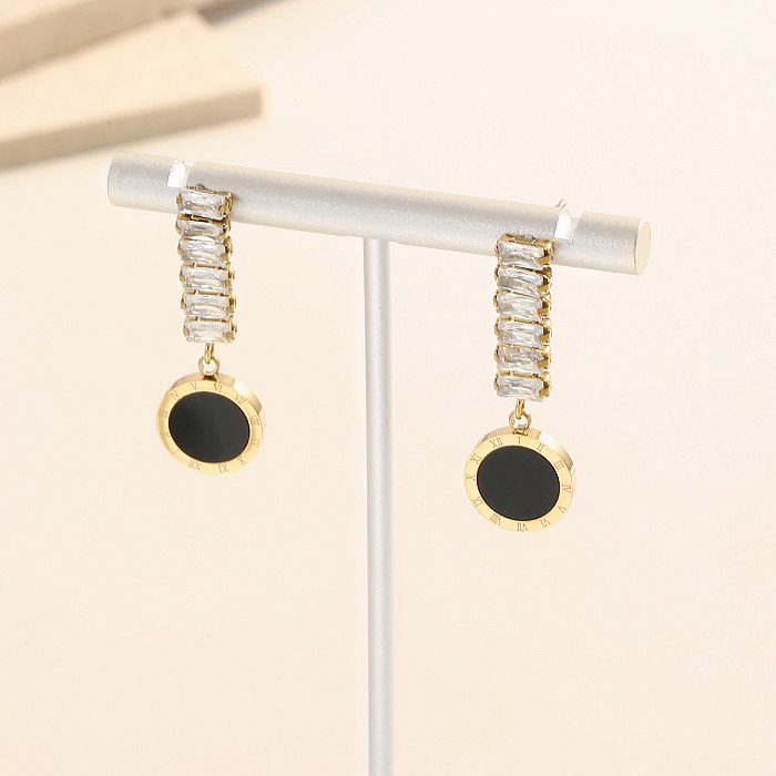 Boucles d'oreilles pendantes avec chiffres ronds, Style classique, incrustation en acier inoxydable, strass acryliques, 1 paire