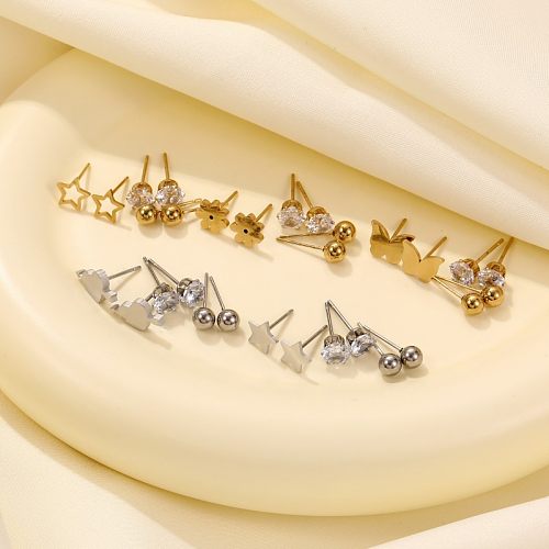 3 Pairs Commute Animal Star Flower Polishing Plating Inlay Stainless Steel  Zircon Gold Plated Ear Studs