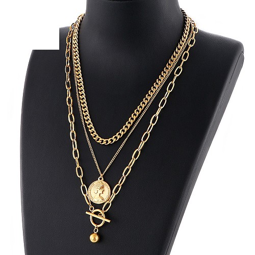 Europe And America Cross Border E-Commerce Sweater Chain Personalized Retro Avatar Pendant Three-Layer Necklace Trendy Round Beads OT Buckle Necklace