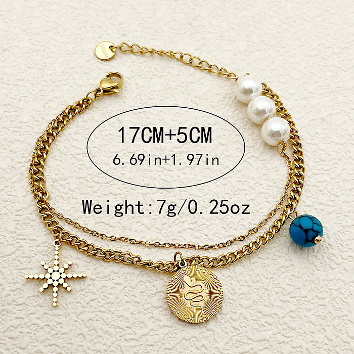 Vacation Streetwear Round Snake Stainless Steel Imitation Pearl Plating Gold Plated Bracelets