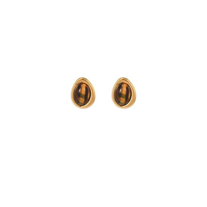 1 paire de clous d'oreilles plaqués or 18 carats, incrustation ovale artistique classique en acier inoxydable, pierre naturelle