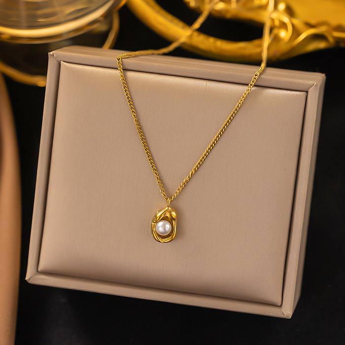 Simple Style Solid Color Stainless Steel Plating Inlay Pearl 18K Gold Plated Necklace Pendant