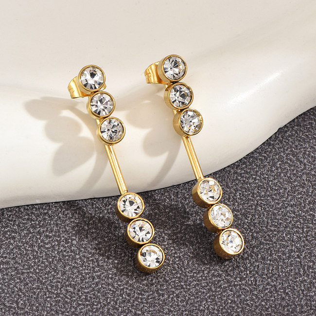 1 Pair Elegant Round Stainless Steel  Plating Inlay Artificial Rhinestones 14K Gold Plated Drop Earrings