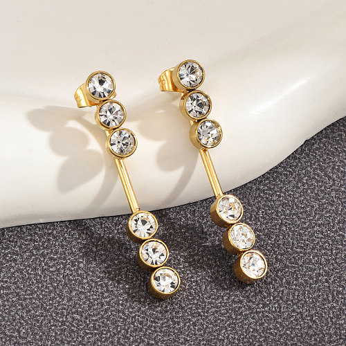 1 par de elegantes pendientes redondos chapados en acero inoxidable con incrustaciones de diamantes de imitación artificiales chapados en oro de 14 quilates