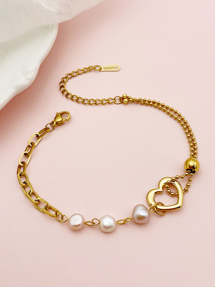 Cute Lady Heart Shape Stainless Steel Imitation Pearl Charm Polishing Plating 14K Gold Plated Bracelets